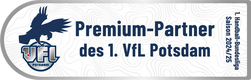 The image features a logo with an eagle and text announcing a premium partnership with 1. VfL Potsdam for the 2024/25 season.